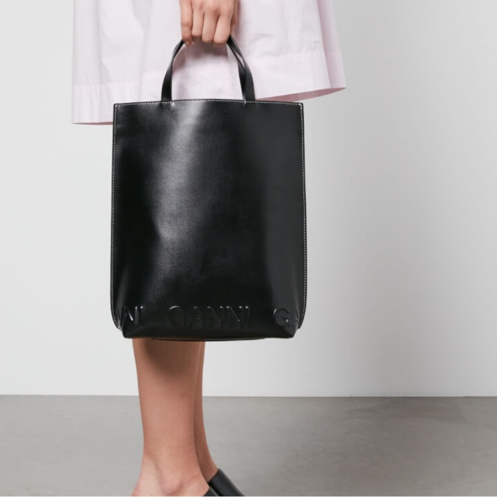 Ganni Black leather tote bag Strap with Silver Buckle